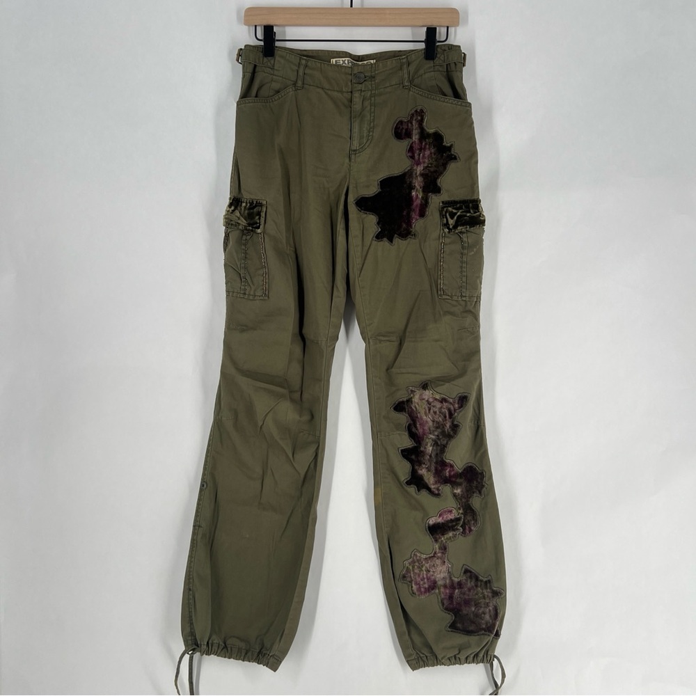 Express Vintage Y2K Olive Cargo Pants Floral Velvet Patch Appliqué Roll Tab 4